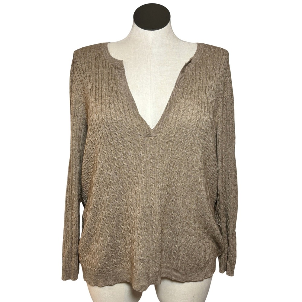 Lauren Ralph Lauren Womens‎ 3X Tan Silk Cashmere Cable Knit Deep V-Neck Sweater